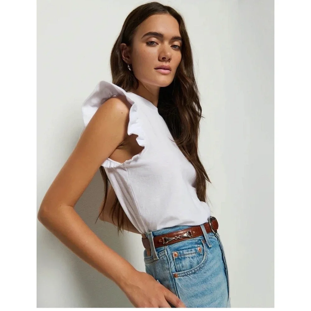 Nation LTD Paulette Ruffle Sleeve Tank Top Size M White Pima Cotton Slub Tee - Picture 15 of 16